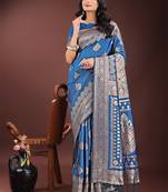 Sky blue silk blend woven zari work tassel saree