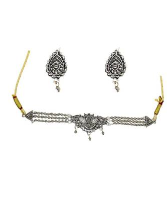 Antique oxidised silver traditional peacock style choker necklace with earrings jewellery for women 1