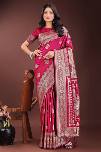 Magenta silk blend woven zari work tassel saree
