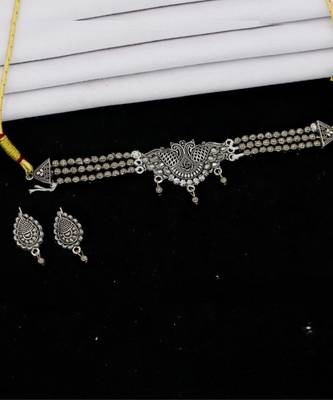 Antique oxidised silver traditional peacock style choker necklace with earrings jewellery for women 2