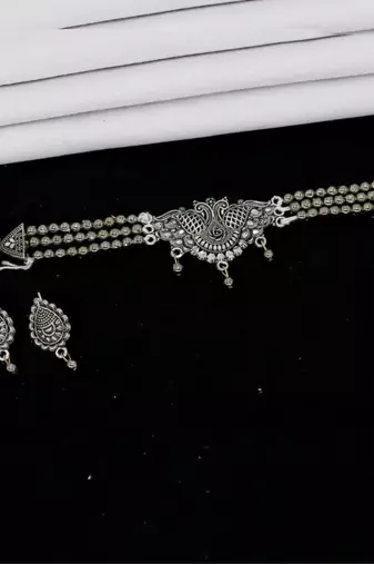 Antique oxidised silver traditional peacock style choker necklace with earrings jewellery for women