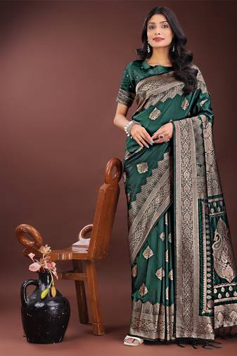 Green silk blend woven zari work tassel saree