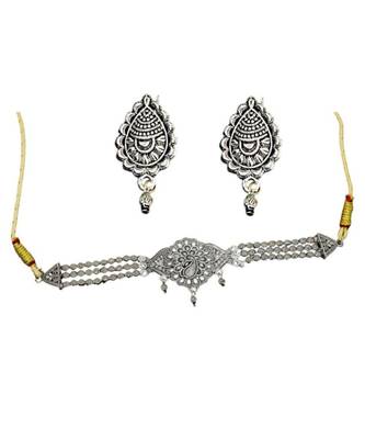 Exclusive antique peacock design oxidised silver choker necklace set with jhumka earrings for women 1