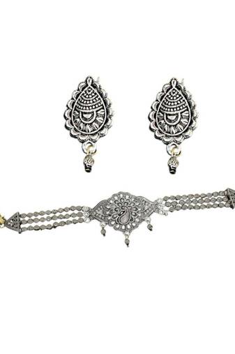 Exclusive antique peacock design oxidised silver choker necklace set with jhumka earrings for women