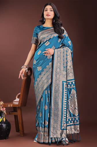 Teal silk blend woven zari work tassel saree