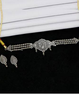 Exclusive antique peacock design oxidised silver choker necklace set with jhumka earrings for women 2