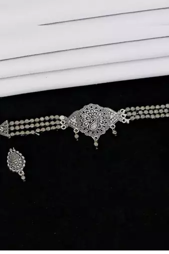 Exclusive antique peacock design oxidised silver choker necklace set with jhumka earrings for women
