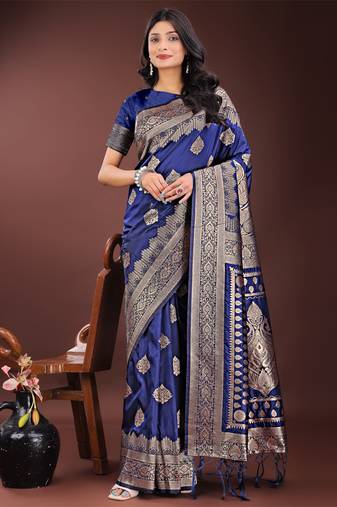 Navy blue silk blend woven zari work tassel saree