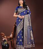 Navy blue silk blend woven zari work tassel saree