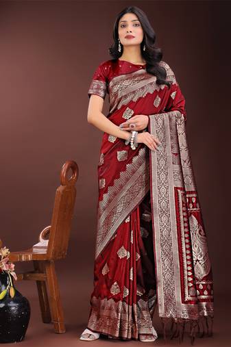 Maroon silk blend woven zari work tassel saree