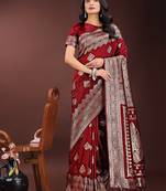 Maroon silk blend woven zari work tassel saree