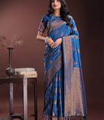 Blue silk blend woven zari work tassel saree