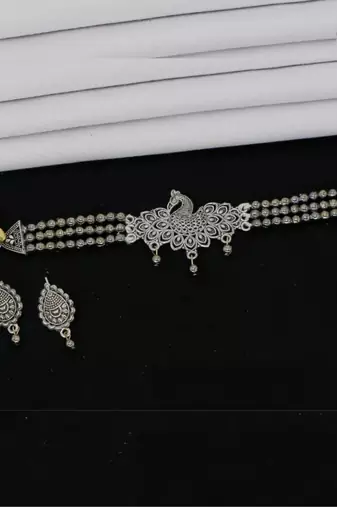 Unique stylish peacock design oxidised silver choker necklace for women