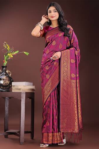 Purple silk blend woven zari work tassel saree
