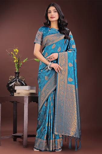 Teal silk blend woven zari work tassel saree