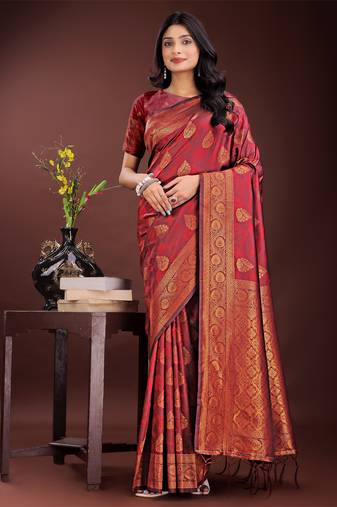 Maroon silk blend woven zari work tassel saree