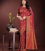 Maroon silk blend woven zari work tassel saree