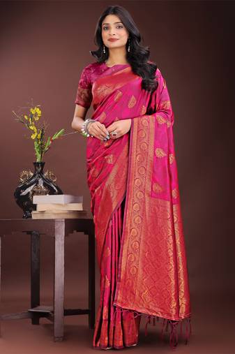 Magenta silk blend woven zari work tassel saree