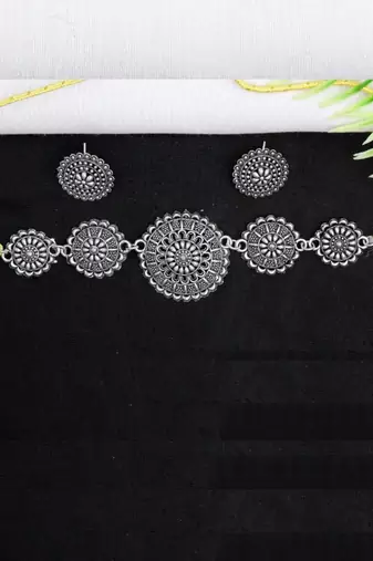 Ethnic classic silver oxidised german silver oxidised jewellery set traditional choker necklace set