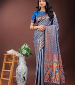 Blue silk blend woven zari work tassel saree