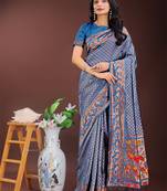 Blue silk blend woven zari work tassel saree