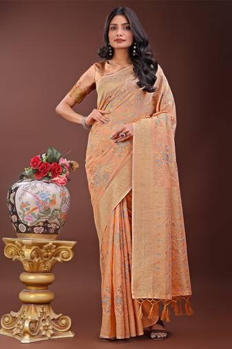 Orange linen cotton woven zari work tassel saree