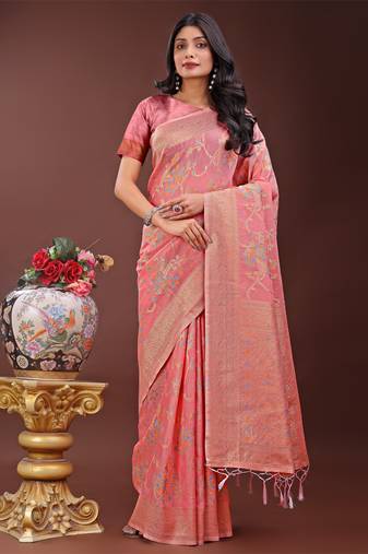 Peach linen cotton woven zari work tassel saree
