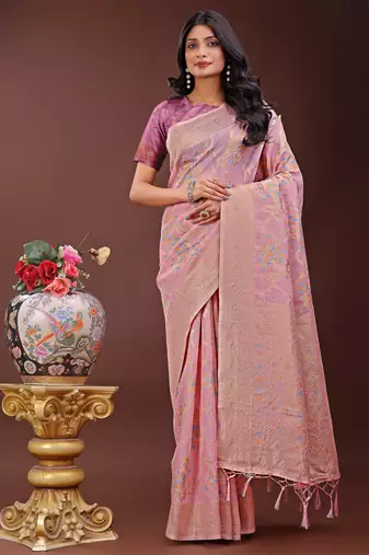 Light pink linen cotton woven zari work tassel saree