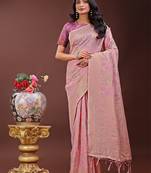 Light pink linen cotton woven zari work tassel saree