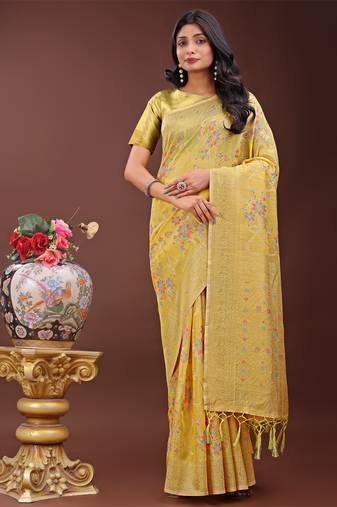 Yellow linen cotton woven zari work tassel saree