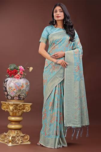 Light blue linen cotton woven zari work tassel saree