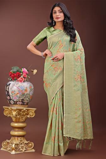 Light green linen cotton woven zari work tassel saree