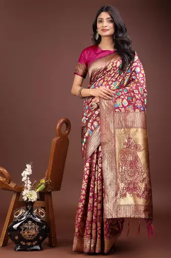 Magenta lichi silk blend woven zari work tassel saree