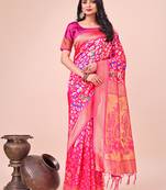 Pink lichi silk blend woven zari work tassel saree