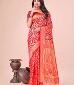 Red lichi silk blend woven zari work tassel saree