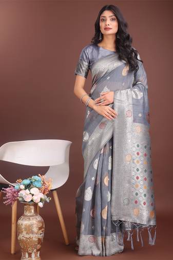 Grey linen cotton woven zari work tassel saree