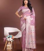 Purple linen cotton woven zari work tassel saree