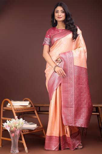 Orange lichi silk blend woven zari work tassel saree