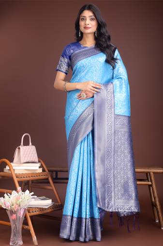 Sky blue lichi silk blend woven zari work tassel saree