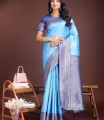 Sky blue lichi silk blend woven zari work tassel saree
