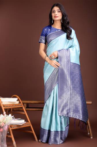 Teal lichi silk blend woven zari work tassel saree