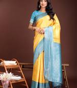Yellow lichi silk blend woven zari work tassel saree