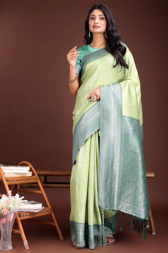 Light green lichi silk blend woven zari work tassel saree