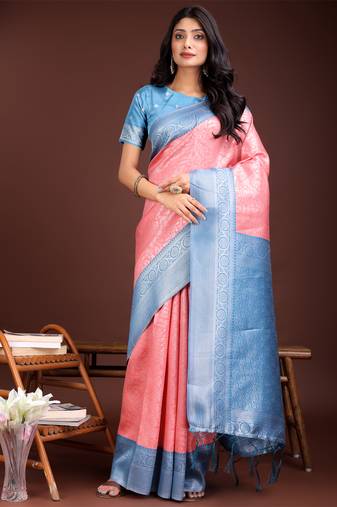 Peach lichi silk blend woven zari work tassel saree