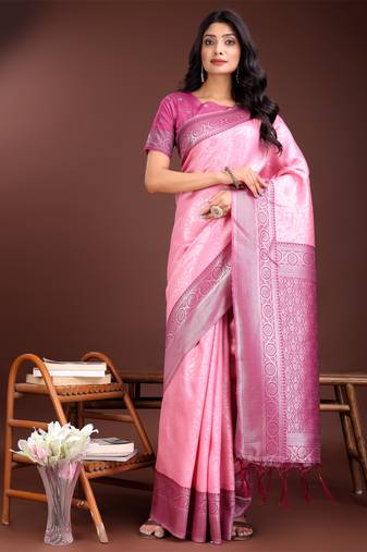 Light pink lichi silk blend woven zari work tassel saree