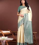 Cream lichi silk blend woven zari work tassel saree
