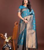 Sea green banarasi silk blend woven zari work tassel saree