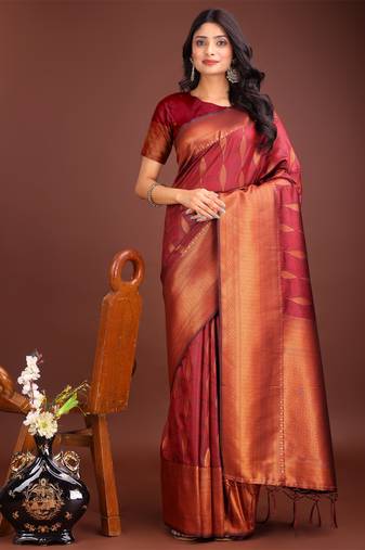 Maroon banarasi silk blend woven zari work tassel saree