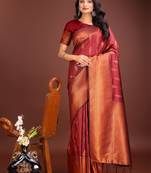 Maroon banarasi silk blend woven zari work tassel saree