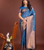 Sky blue banarasi silk blend woven zari work tassel saree
